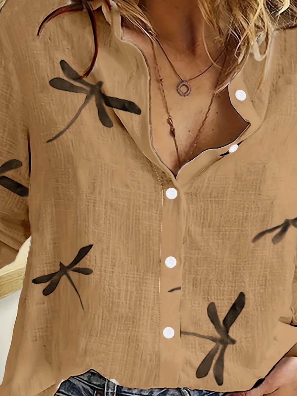 SHEIN Tan Dragonfly Print Button-Down Shirt